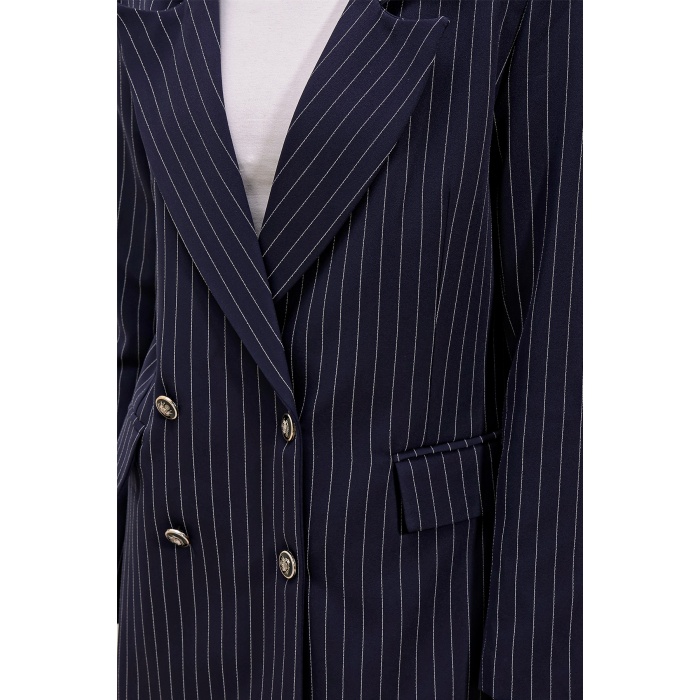 Kadın Lacivert Çift Düğmeli Çizgili Blazer Ceket 0699