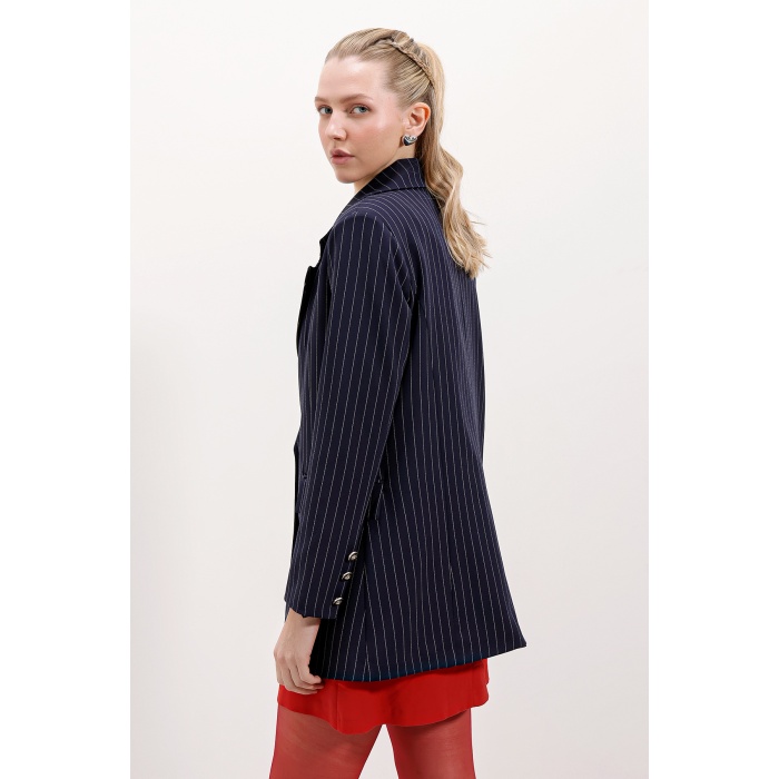 Kadın Lacivert Çift Düğmeli Çizgili Blazer Ceket 0699