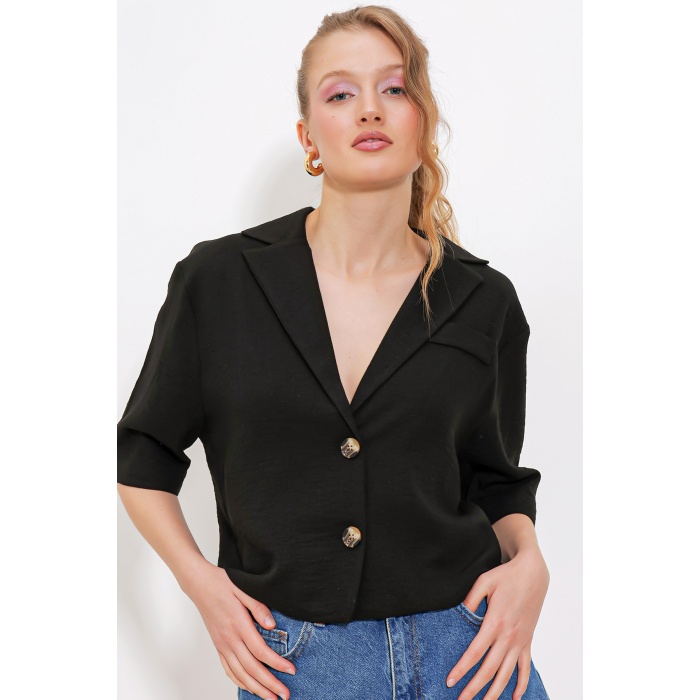 Kadın Siyah Çift Düğmeli Oversize Crop Keten Ceket 0706