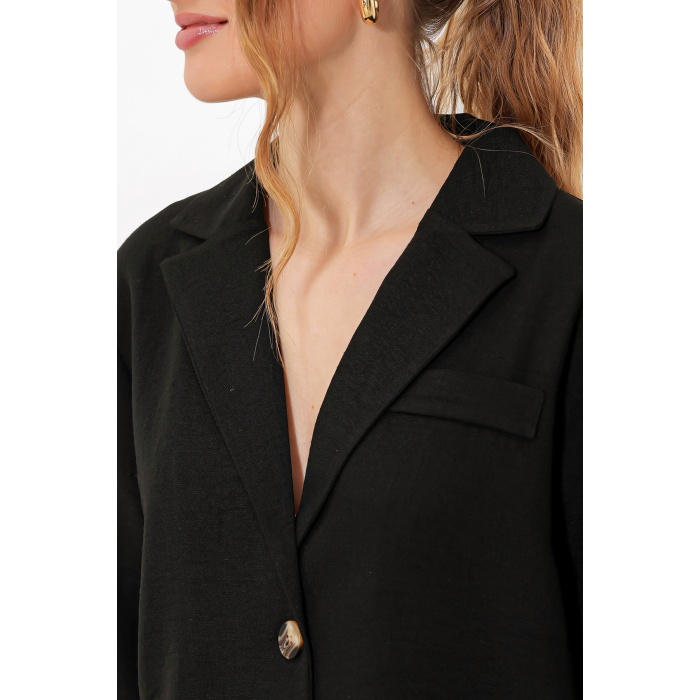 Kadın Siyah Çift Düğmeli Oversize Crop Keten Ceket 0706