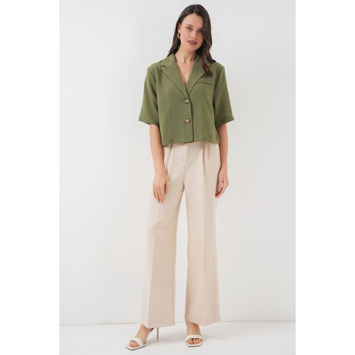 0706 Crop Keten Ceket - Haki