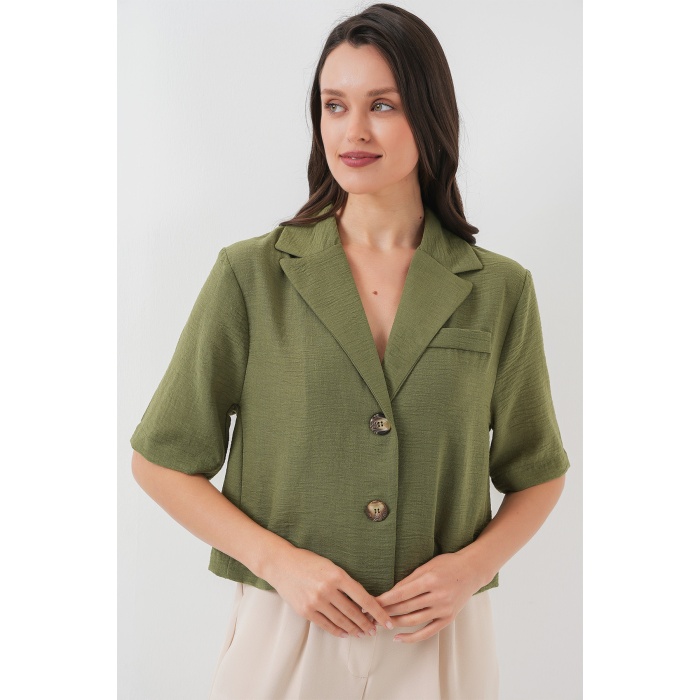 0706 Crop Keten Ceket - Haki