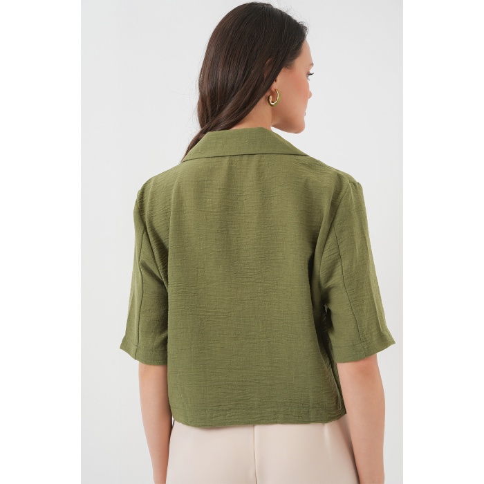 0706 Crop Keten Ceket - Haki