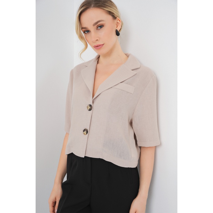 0706 Crop Keten Ceket - Bej