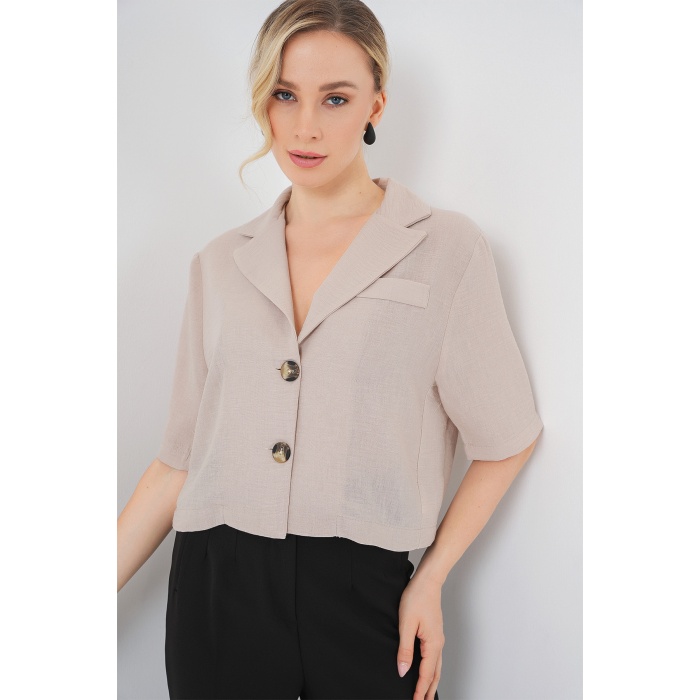 0706 Crop Keten Ceket - Bej