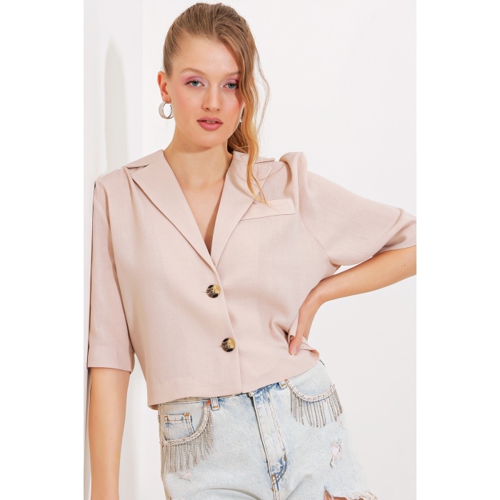 Kadın Krem Çift Düğmeli Oversize Crop Keten Ceket 0706