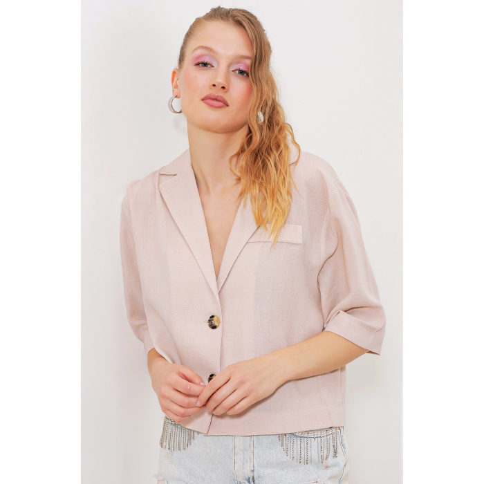 Kadın Krem Çift Düğmeli Oversize Crop Keten Ceket 0706