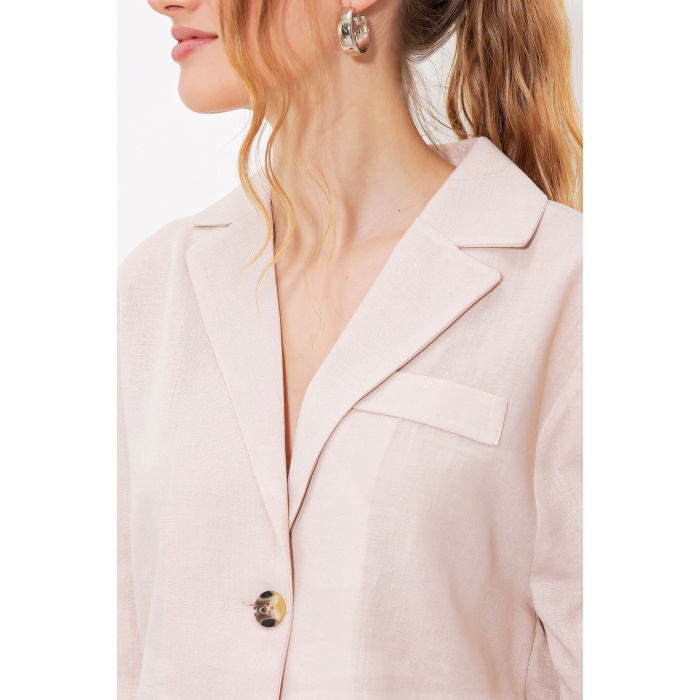 Kadın Krem Çift Düğmeli Oversize Crop Keten Ceket 0706