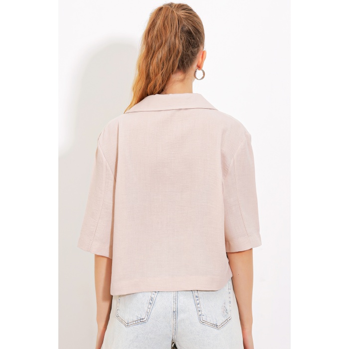 Kadın Krem Çift Düğmeli Oversize Crop Keten Ceket 0706