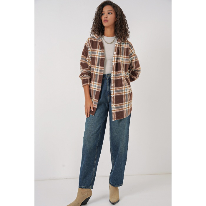 0710 Kapüşonlu Oversize Gömlek - C. Kahverengi