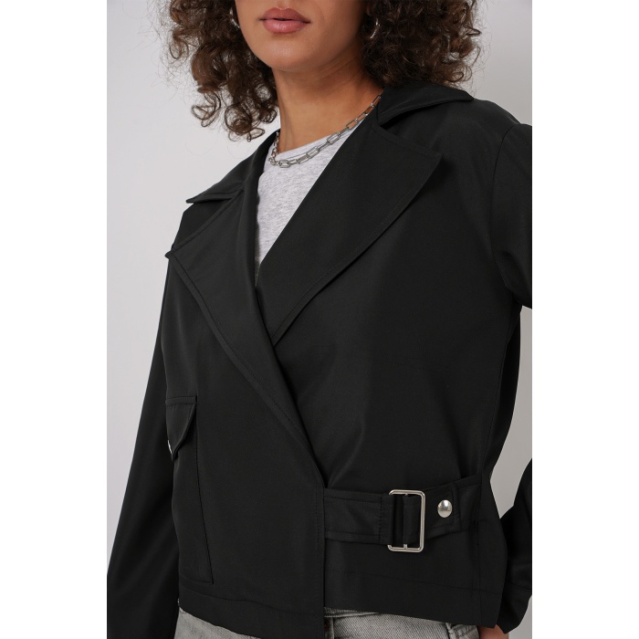 0712 Kruvaze Yaka Kısa Trençkot - Siyah