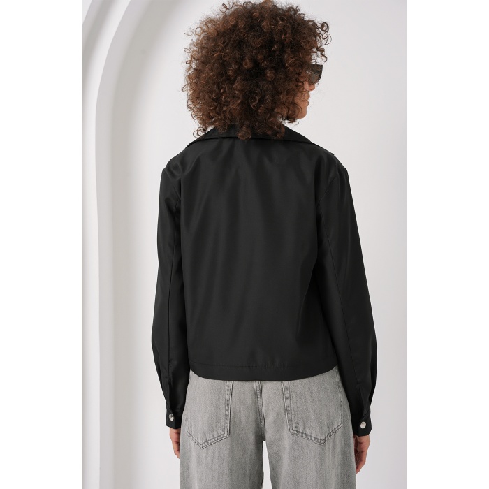 0712 Kruvaze Yaka Kısa Trençkot - Siyah