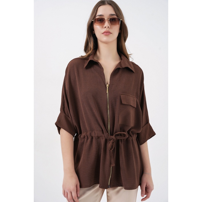 Fermuarlı Kadın Gömlek 0721 - Kahverengi