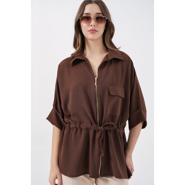 Fermuarlı Kadın Gömlek 0721 - Kahverengi