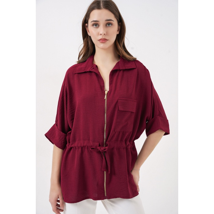 Fermuarlı Kadın Gömlek 0721 - Bordo