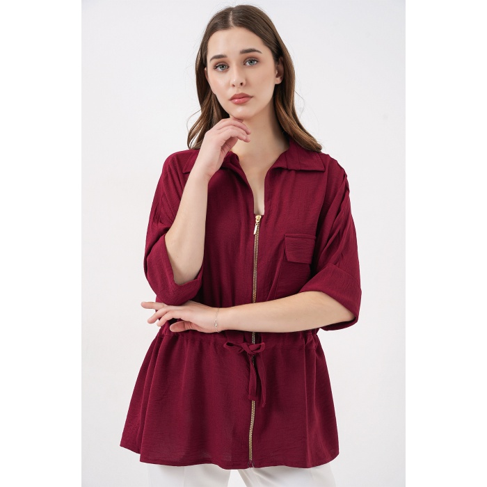 Fermuarlı Kadın Gömlek 0721 - Bordo