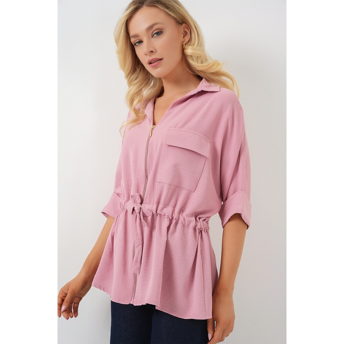 Fermuarlı Kadın Gömlek 0721 - Pudra