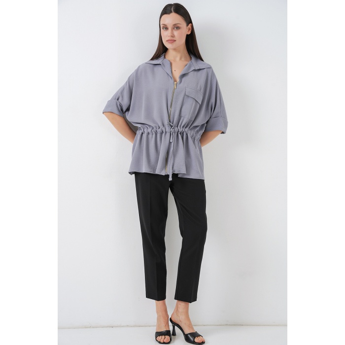 Fermuarlı Kadın Gömlek 0721 - Gri