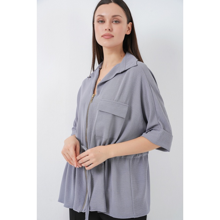 Fermuarlı Kadın Gömlek 0721 - Gri