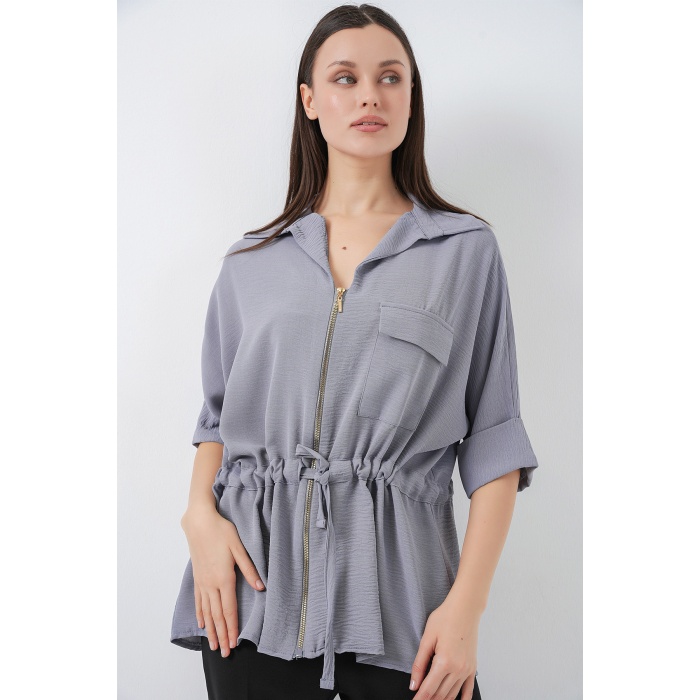 Fermuarlı Kadın Gömlek 0721 - Gri