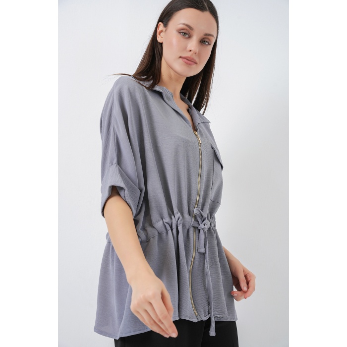 Fermuarlı Kadın Gömlek 0721 - Gri
