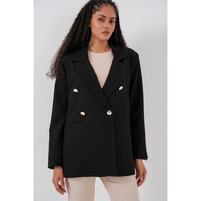 Kadın Kruvaze Yaka Blazer Ceket 0722 - Siyah
