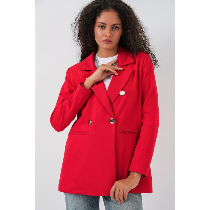 Kadın Kruvaze Yaka Blazer Ceket 0722 - Kırmızı