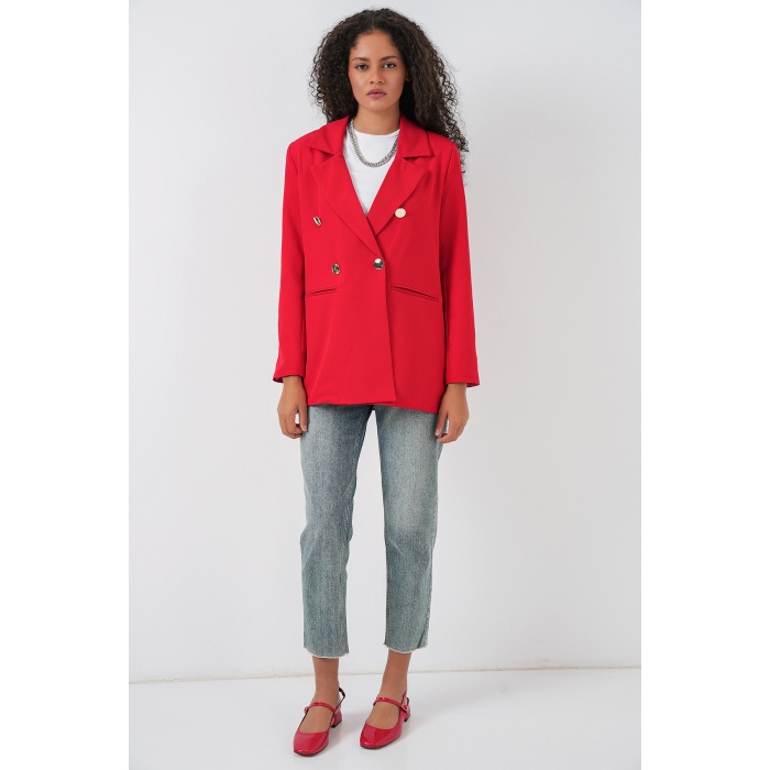 Kadın Kruvaze Yaka Blazer Ceket 0722 - Kırmızı