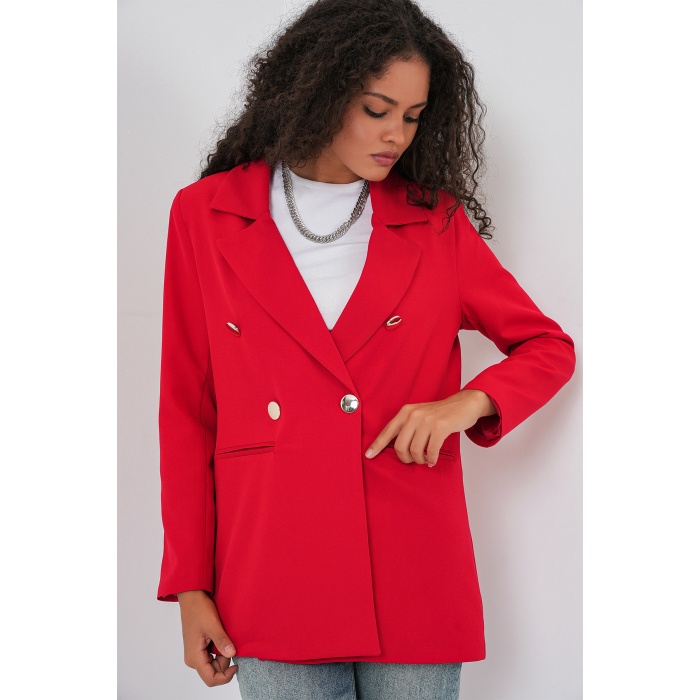 Kadın Kruvaze Yaka Blazer Ceket 0722 - Kırmızı