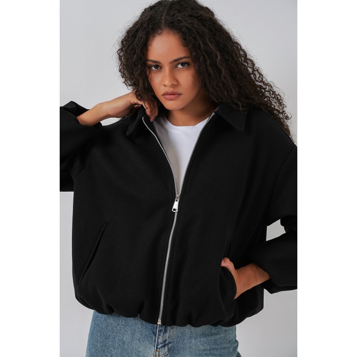 Kadın Büzgülü Oversize Kaşe Ceket 0728 - Siyah