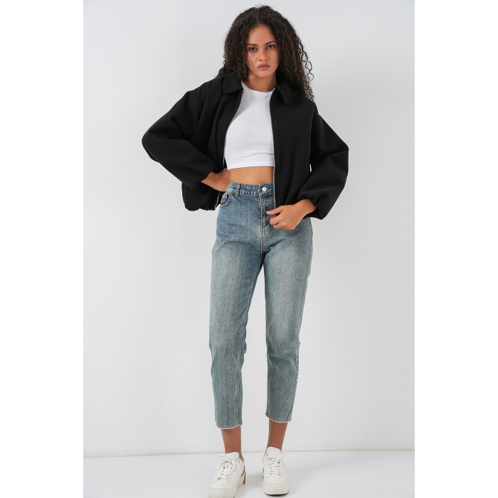 Kadın Büzgülü Oversize Kaşe Ceket 0728 - Siyah