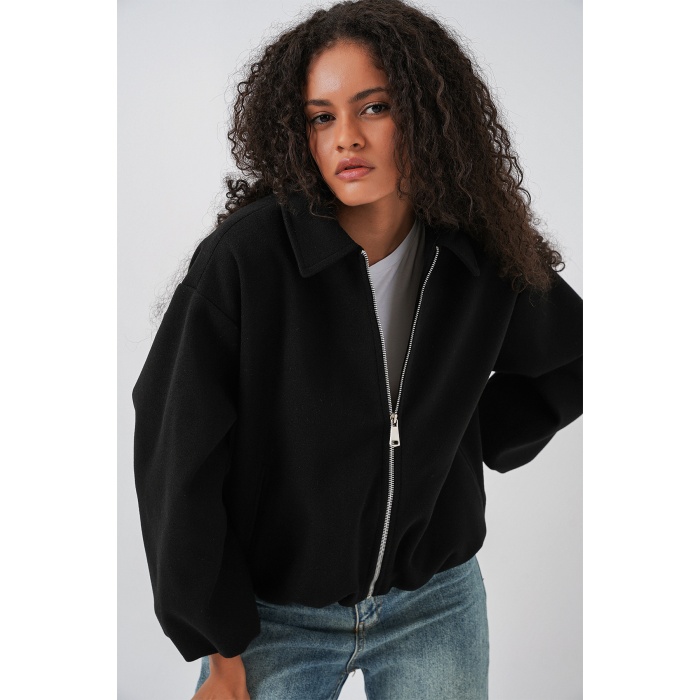 Kadın Büzgülü Oversize Kaşe Ceket 0728 - Siyah