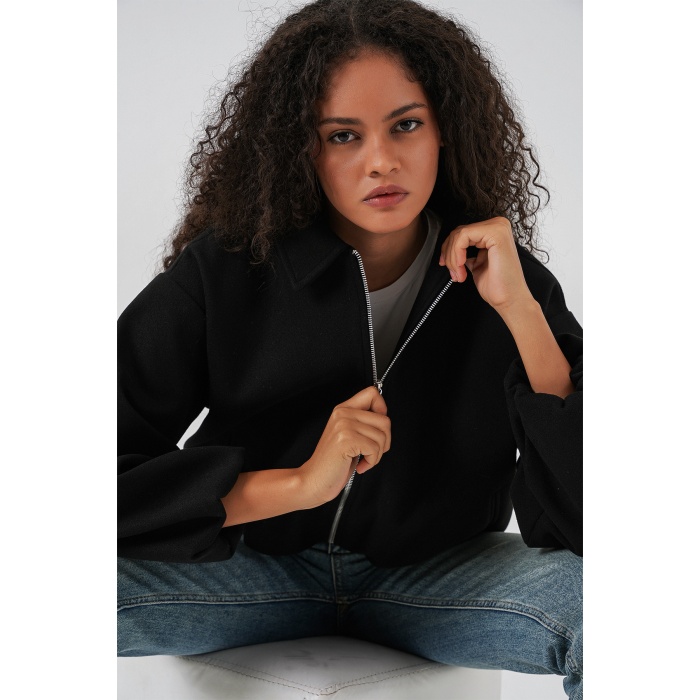 Kadın Büzgülü Oversize Kaşe Ceket 0728 - Siyah