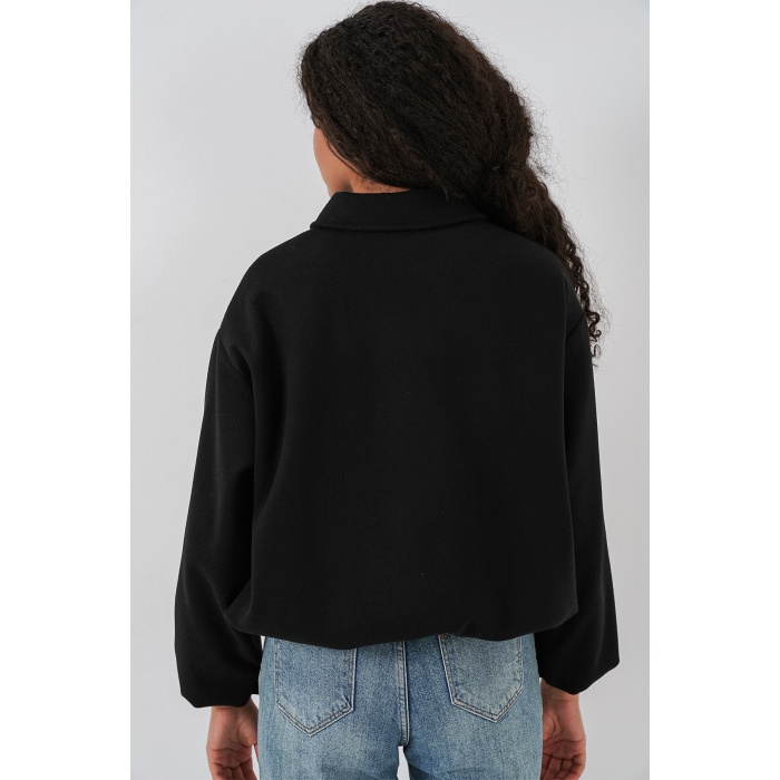 Kadın Büzgülü Oversize Kaşe Ceket 0728 - Siyah