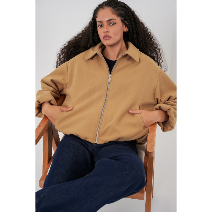 Kadın Büzgülü Oversize Kaşe Ceket 0728 - Hardal
