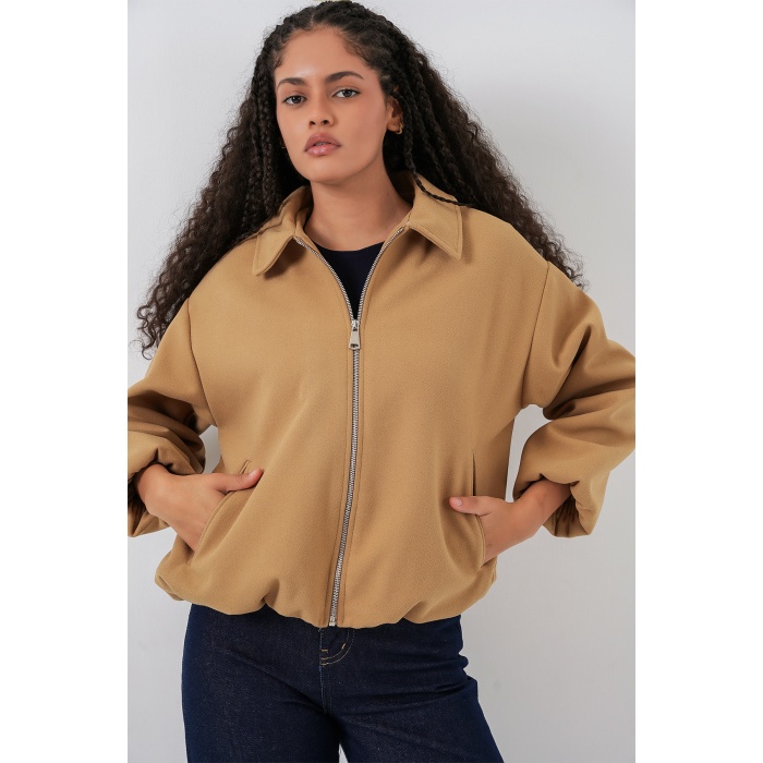 Kadın Büzgülü Oversize Kaşe Ceket 0728 - Hardal