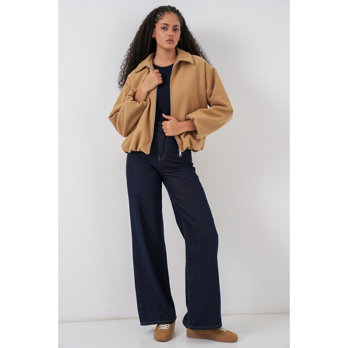 Kadın Büzgülü Oversize Kaşe Ceket 0728 - Hardal