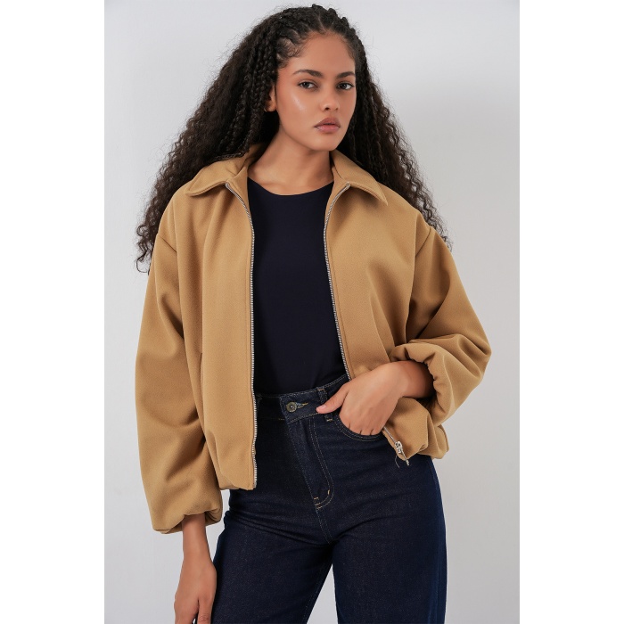 Kadın Büzgülü Oversize Kaşe Ceket 0728 - Hardal