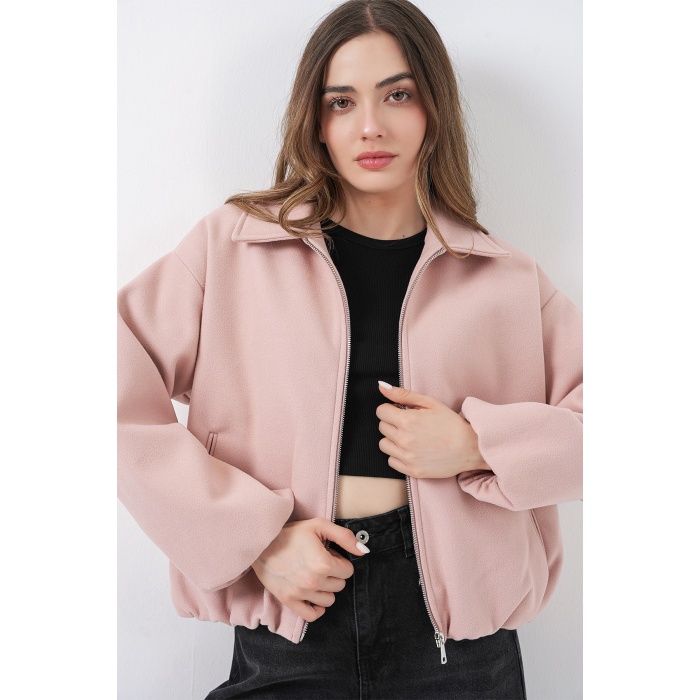 Kadın Büzgülü Oversize Kaşe Ceket 0728 - Pudra