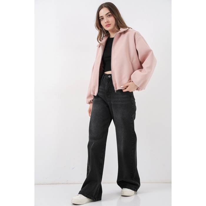 Kadın Büzgülü Oversize Kaşe Ceket 0728 - Pudra