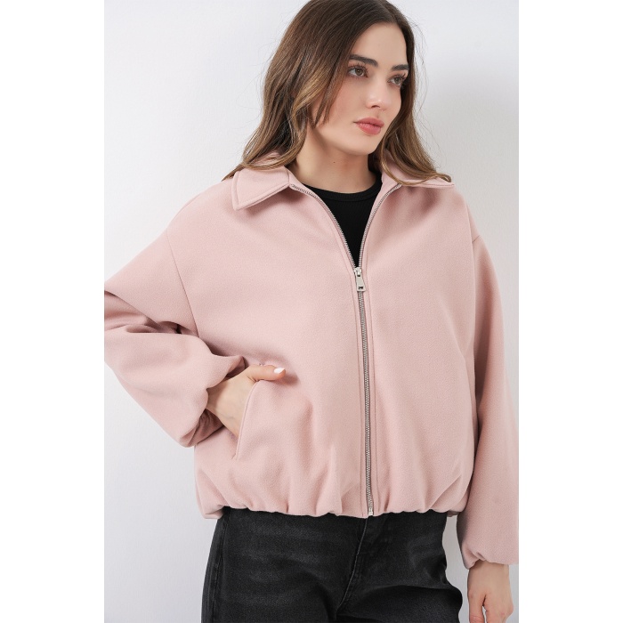 Kadın Büzgülü Oversize Kaşe Ceket 0728 - Pudra