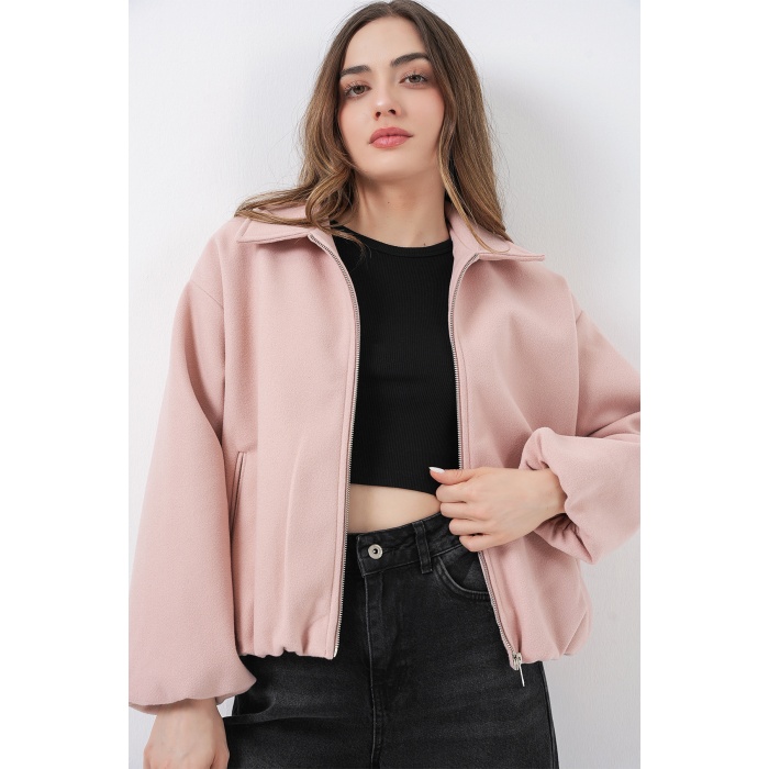 Kadın Büzgülü Oversize Kaşe Ceket 0728 - Pudra