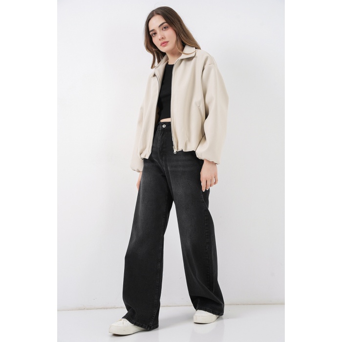 Kadın Büzgülü Oversize Kaşe Ceket 0728 - Ekru