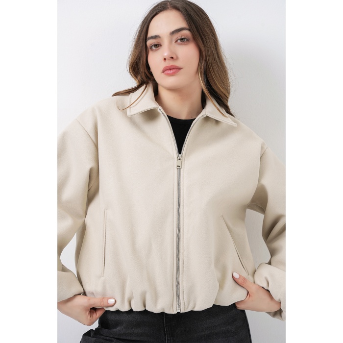Kadın Büzgülü Oversize Kaşe Ceket 0728 - Ekru