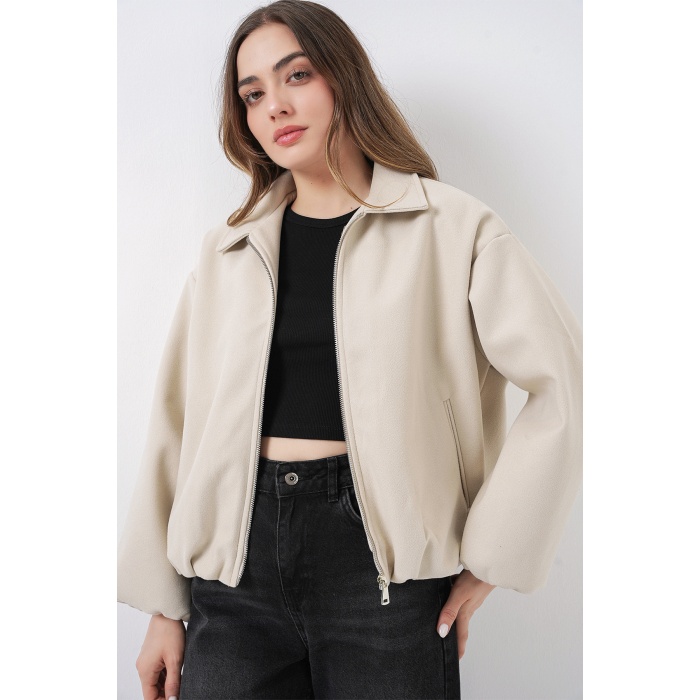 Kadın Büzgülü Oversize Kaşe Ceket 0728 - Ekru