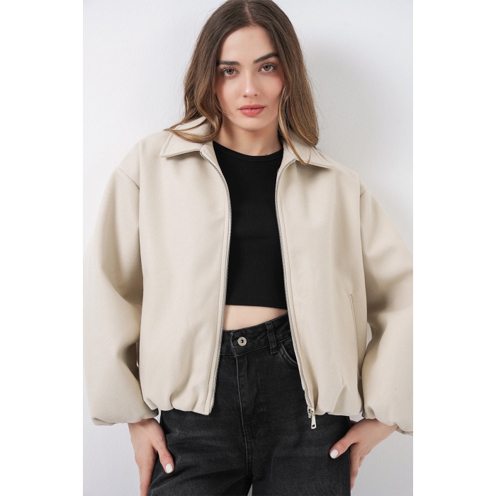 Kadın Büzgülü Oversize Kaşe Ceket 0728 - Ekru