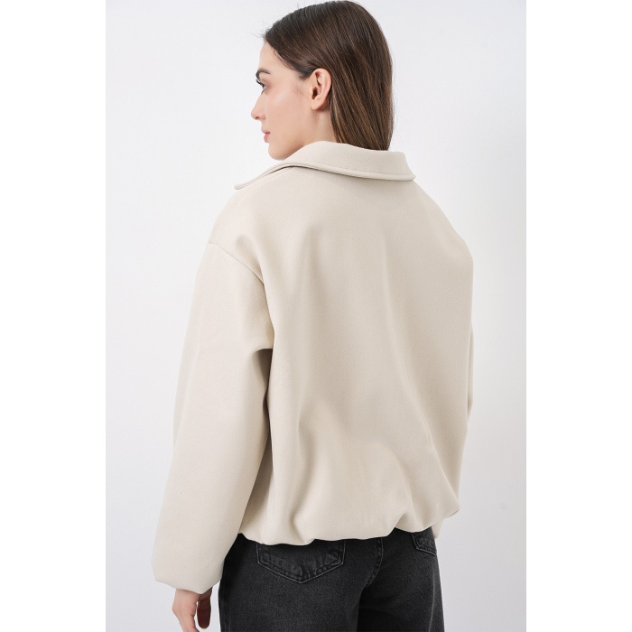 Kadın Büzgülü Oversize Kaşe Ceket 0728 - Ekru