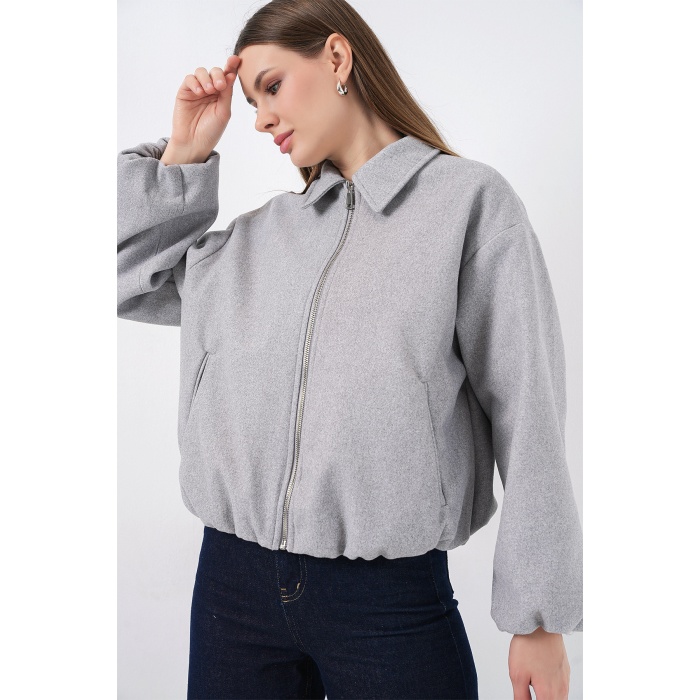 Kadın Büzgülü Oversize Kaşe Ceket 0728 - A.Gri