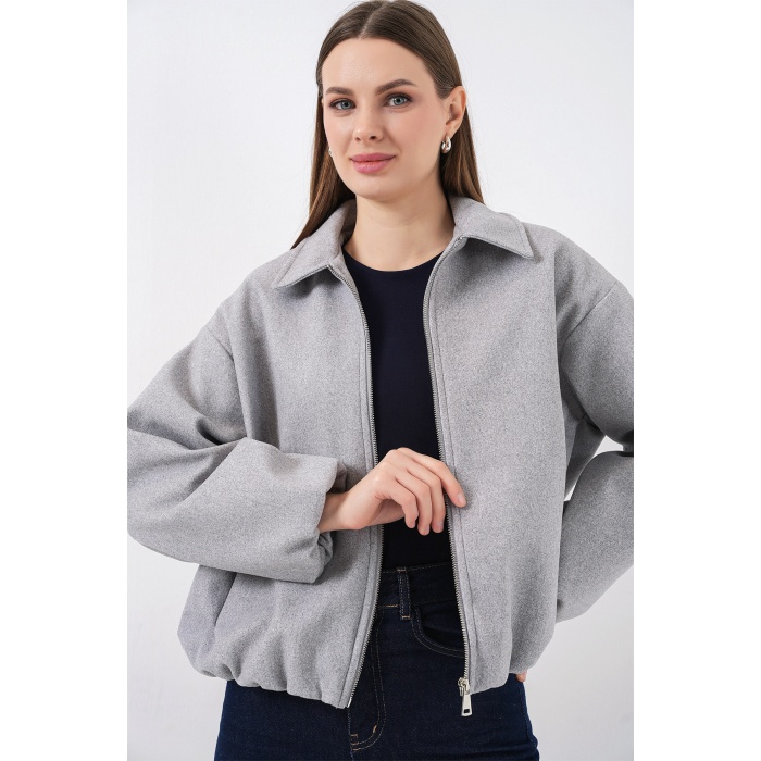 Kadın Büzgülü Oversize Kaşe Ceket 0728 - A.Gri