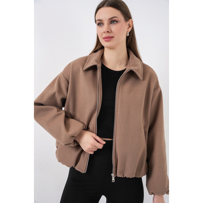 Kadın Büzgülü Oversize Kaşe Ceket 0728 - Bisküvi